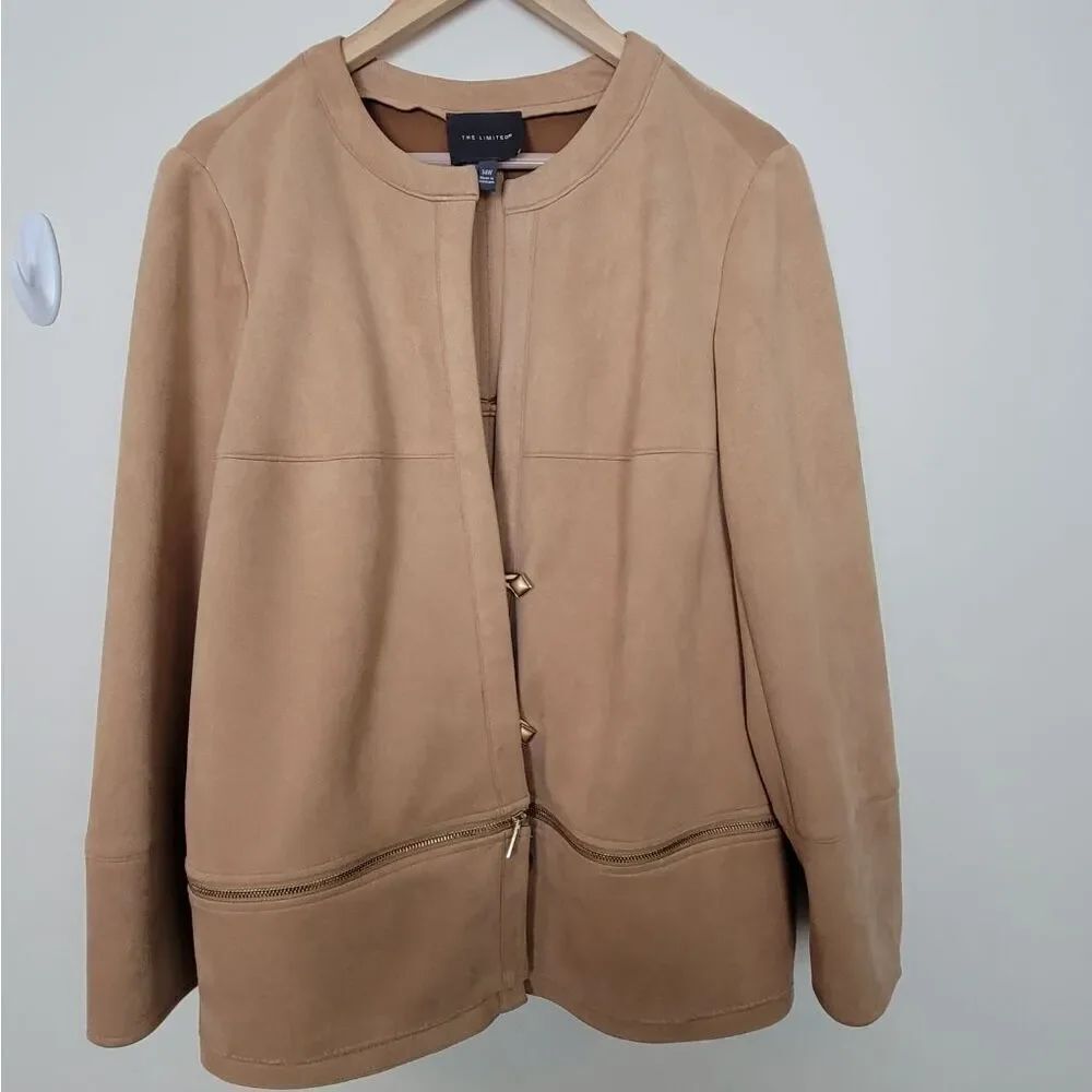 The Limited Faux Suede Brown Blazer Jacket Gold Zipper Detail Buttons 14W